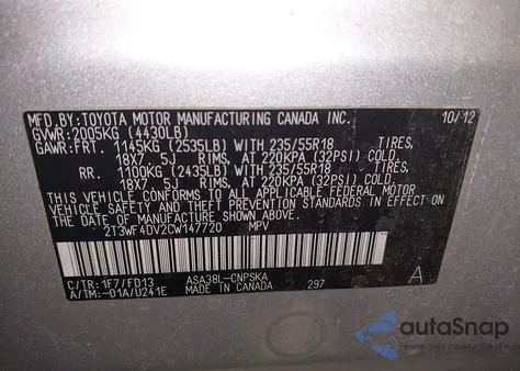 2012 Toyota Rav4 Sport из США, поврежденный, VIN 2T3WF4DV2CW147720